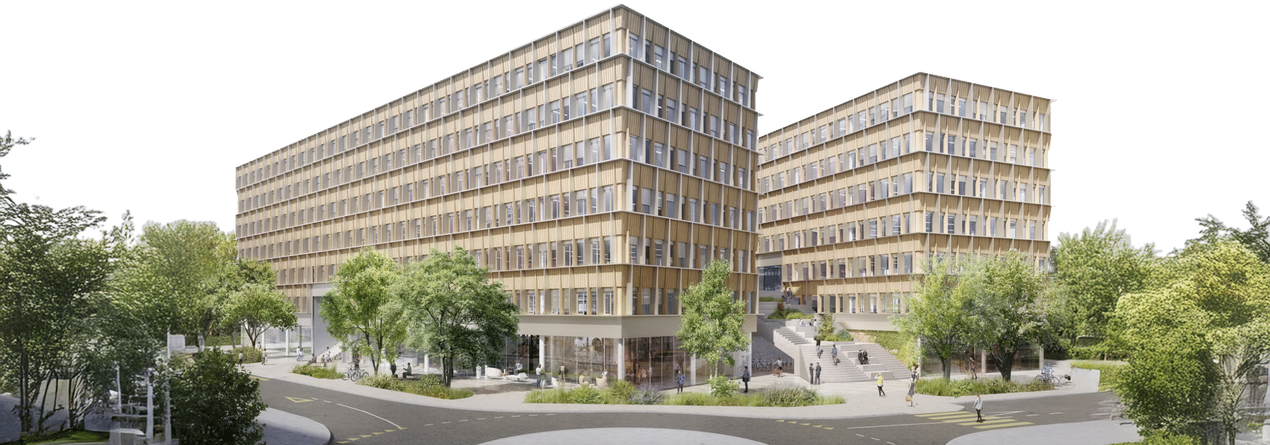 Vue extérieure des 2 bâtiments, découpage ciel, Les Fabriques des Morgines, Petit-Lancy, Genève