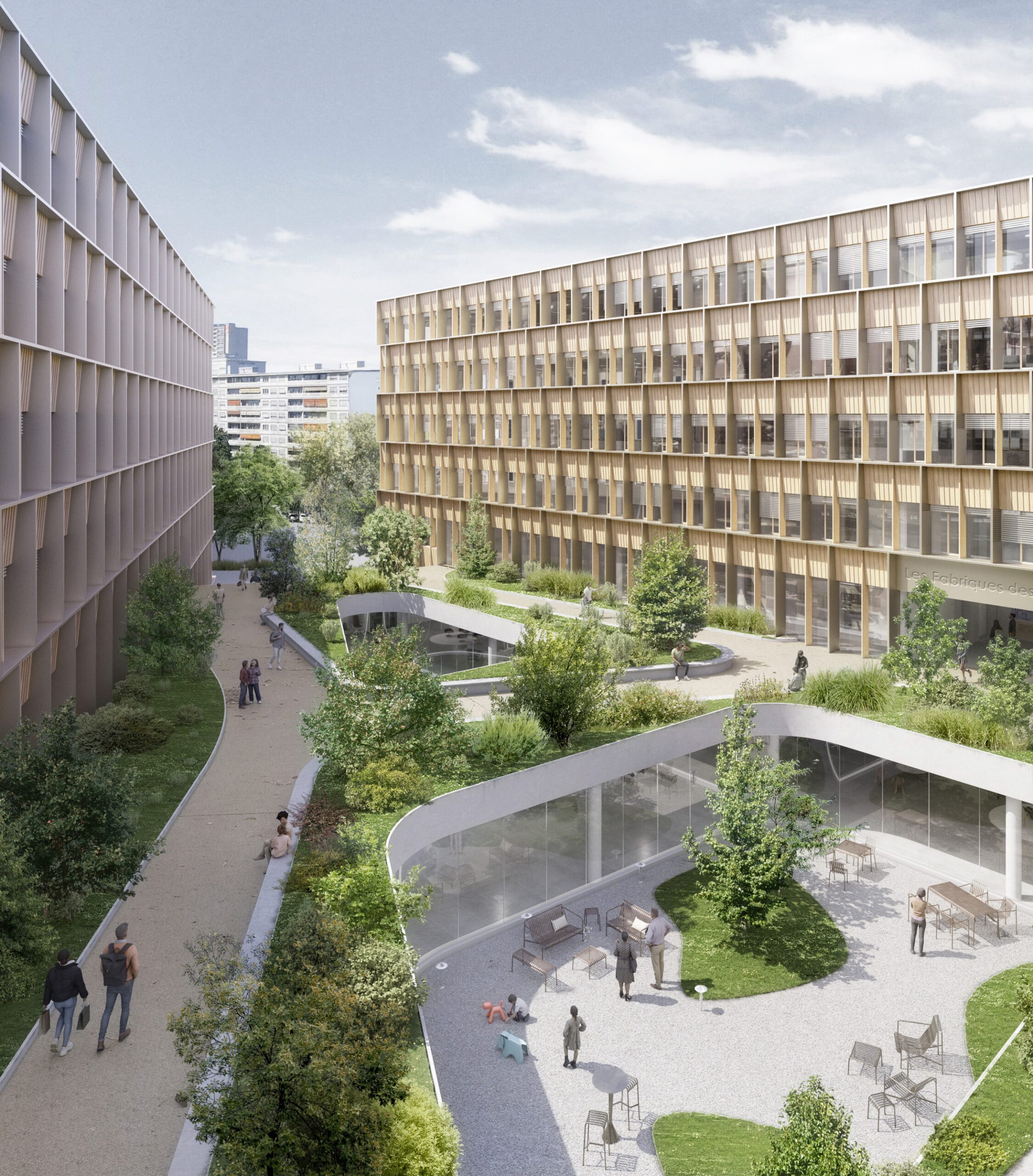 Vue plongeante parc extérieur, entre deux bâtiments, Les Fabriques des Morgines, Petit-Lancy Genève