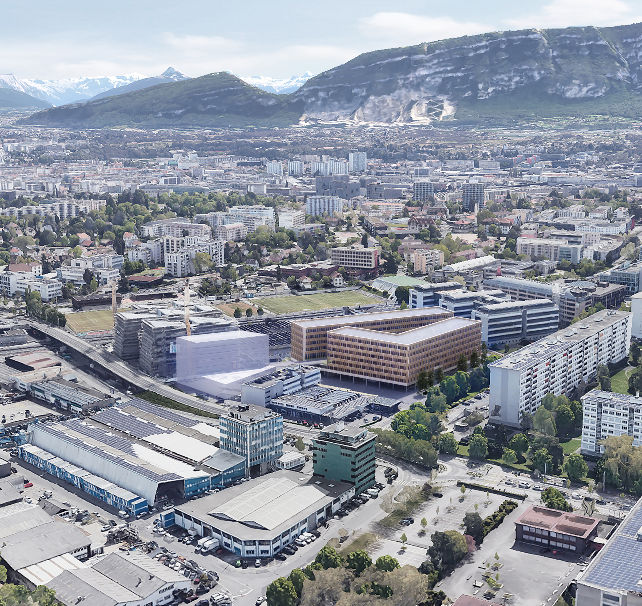 Vue aérienne du quartier du Petit-Lancy à Genève avec les deux bâtiments, Les Fabriques des Morgines